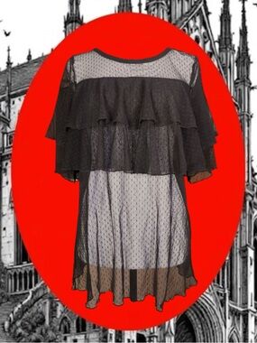 Almost Famous Goth Black Swiss Dot Ruffle Front Mesh Sheer Short Sleeve Top 1X